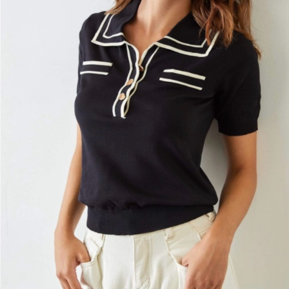 J.ING Black and White Button Down Polo Top